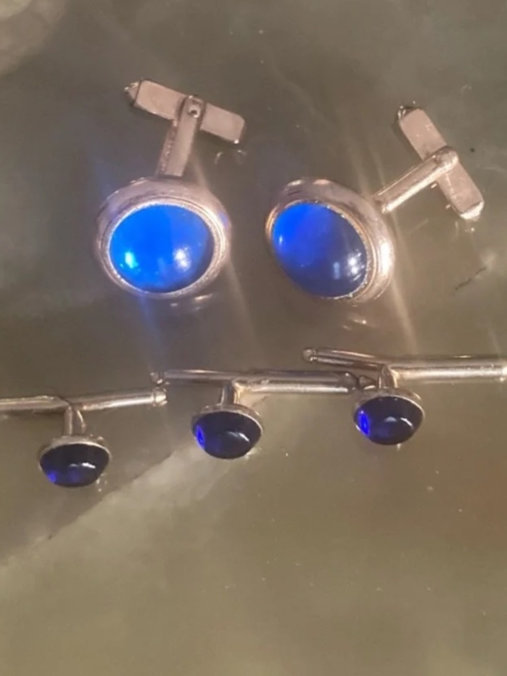 Vintage Swank Blue Cabochon Cufflinks & 3 Shirt Studs